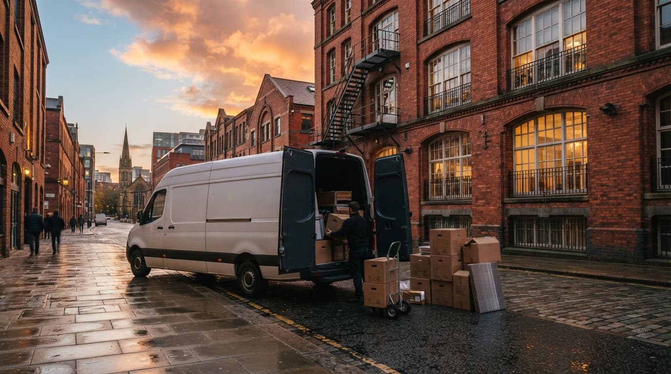 Man and van in Manchester loading a white removals van outside a red-brick warehouse conversion in the Northern Quarter