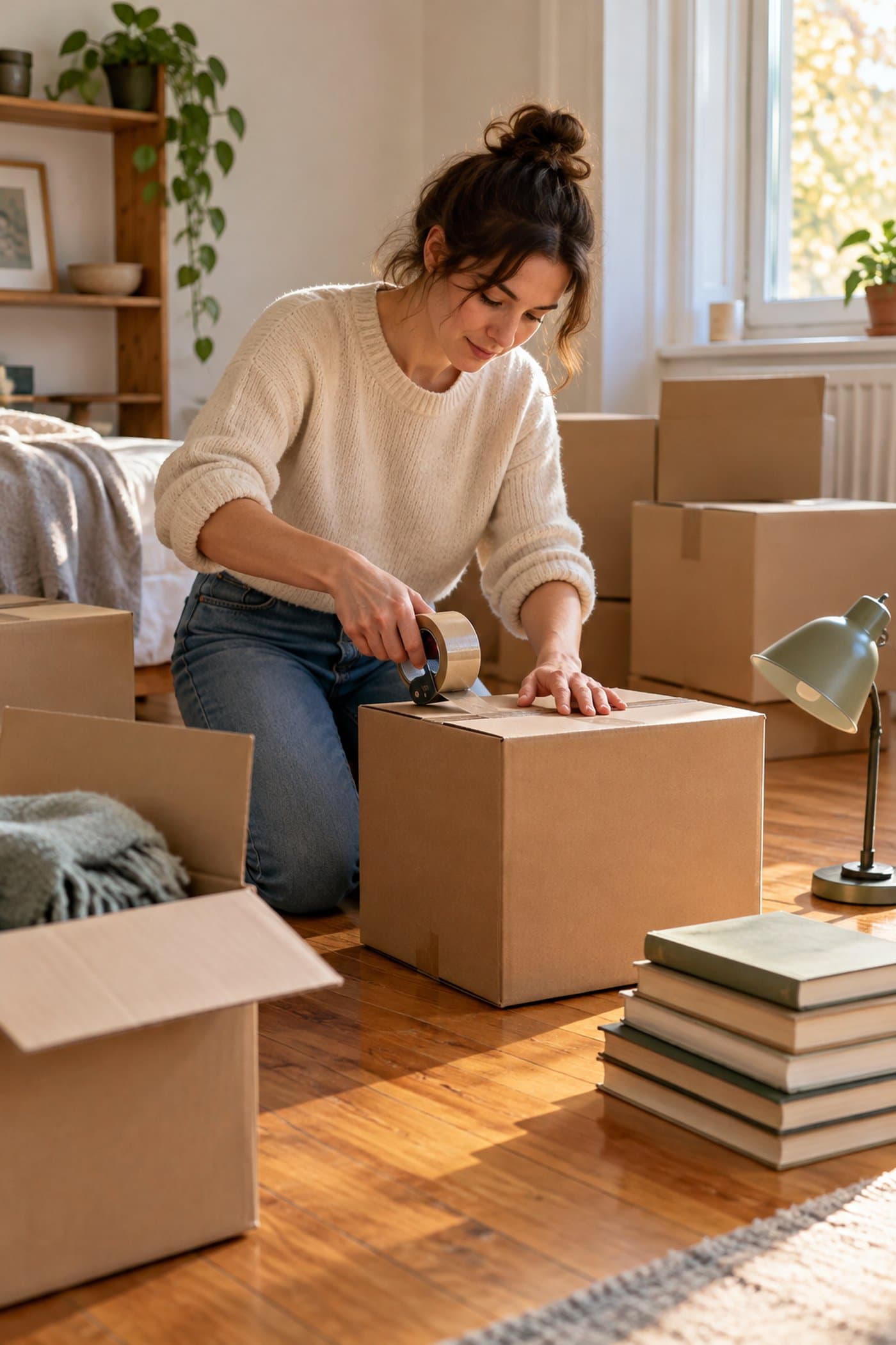 A person organising cardboard boxes on the floor while packing