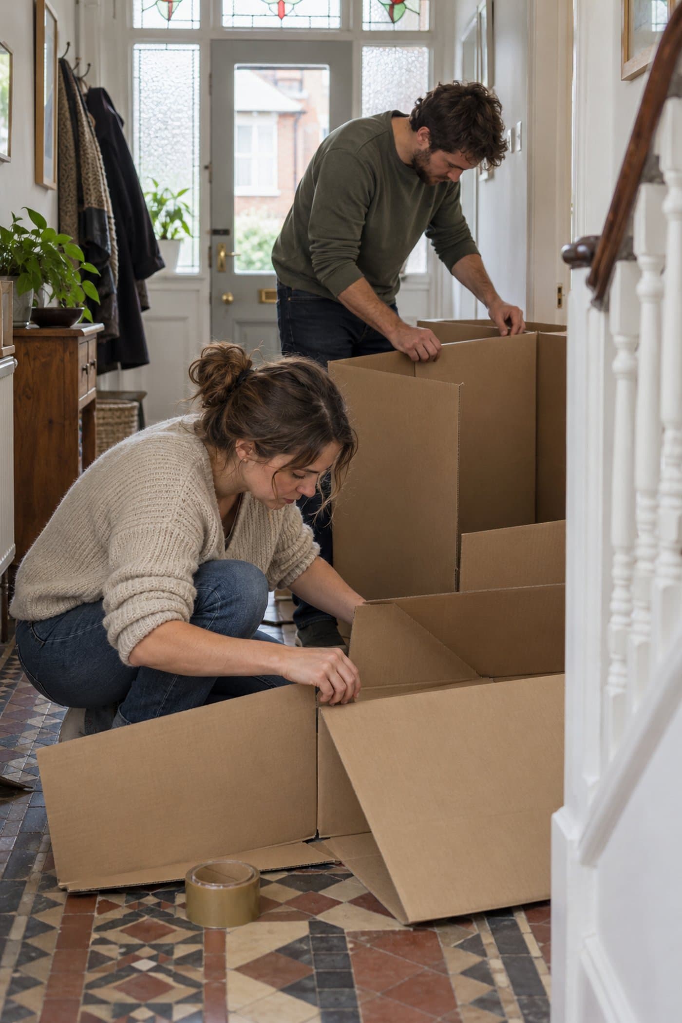 Two people preparing large cardboard boxes for a move